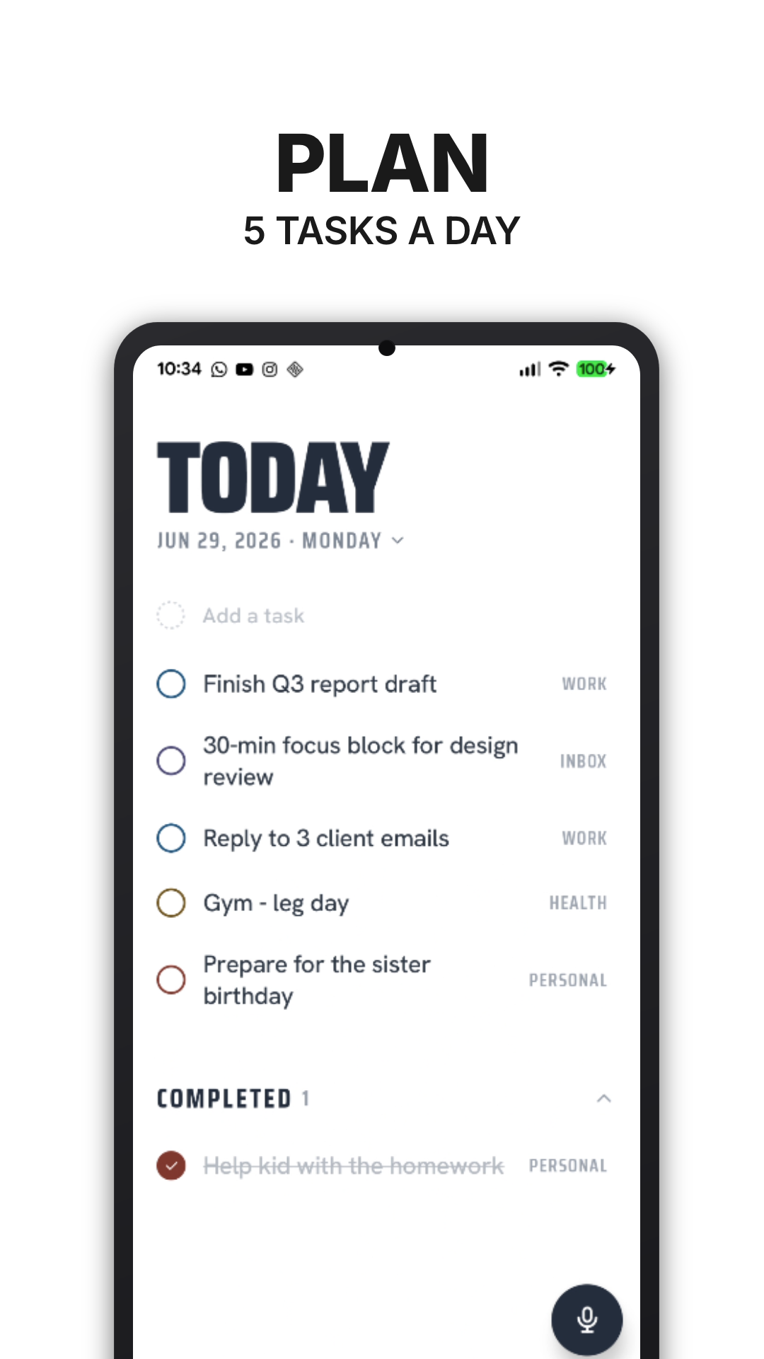 Focus5 today list with five tasks