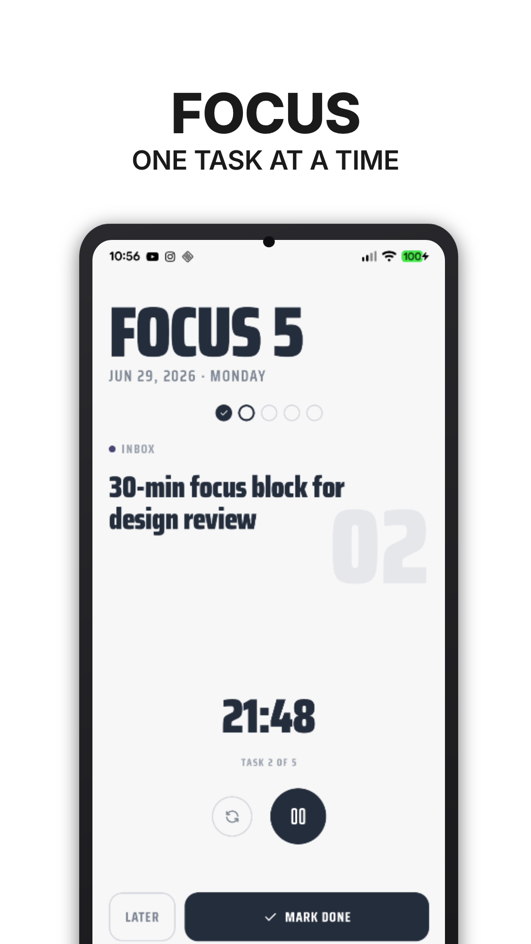 Focus5 focus timer running on a task